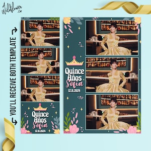 Birthday Photo booth Template Quinceanera emerald green overlay flowers 4x6 (4R) 2x6 (Photo strip) - Customise name & detail PSD PNG file