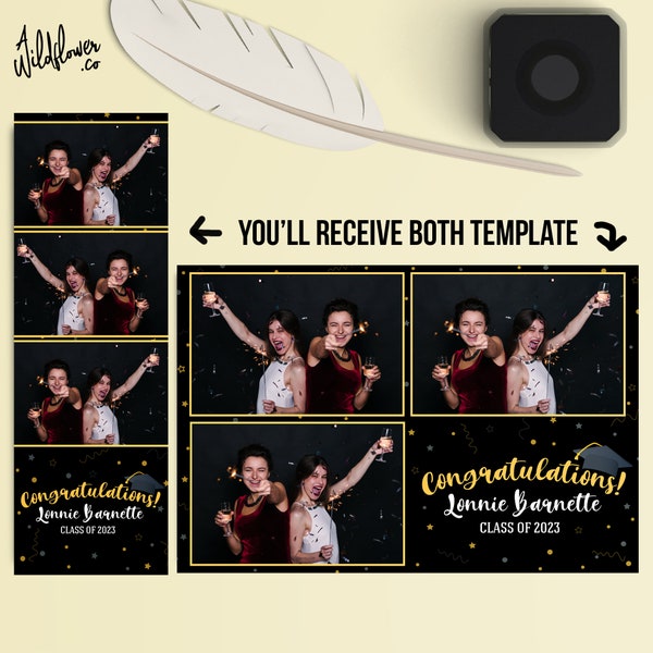 Graduation school Photo booth confetti black Template frame theme 4x6 (4R) and 2x6 (Photo strip) - Customise name & detail PSD and PNG file.