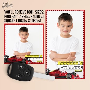 May include: The image features a young boy in a white t-shirt, with two framed portraits. Each portrait has a red race car graphic and text that reads "BRANDON'S 5TH RACE 11225". A car key is in the foreground. Text at the top says "YOU'LL RECEIVE BOTH SIZES: PORTRAIT (1920PX X 1080PX) SQUARE (1080PX X 1080PX)".