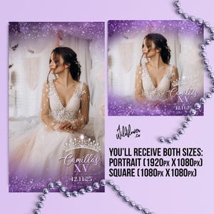 Może przedstawiać: Cyfrowy projekt na quinceañera, z kobietą w białej sukni z głębokim dekoltem. Projekt zawiera tekst "Camilla's XV 12.11.25" w ozdobnej czcionce, z grafiką korony. Projekt jest w odcieniach fioletu i bieli.