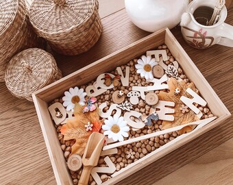 Personalised natural- nature- alphabet soup- letters- sensory bin /tray/ kit/ box