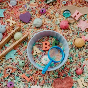 Rainbow alphabet soup letters sensory bin tray kit box
