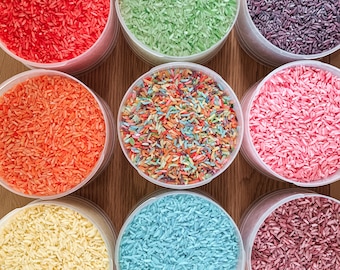 Rainbow coloured rice sensory bin filler