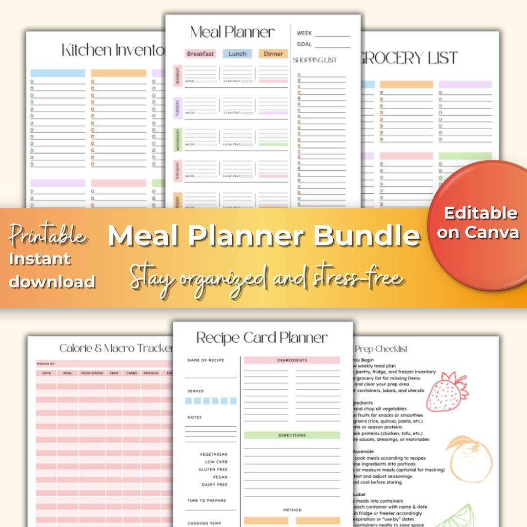 Meal Planner Bundle | 6 Printable Kitchen Sheets | Recipe Card, Grocery ...