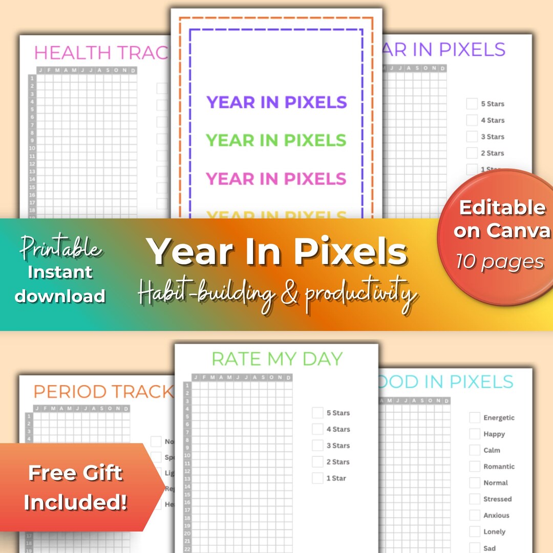Year in Pixels Mood Tracker | Yearly Tracker Bundle | Self-care ...