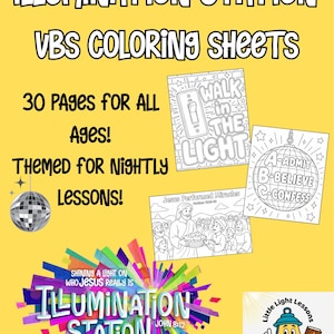 Op de afbeelding: Een gele achtergrond met de tekst "ILLUMINATION STATION VBS COLORING SHEETS" en "30 PAGINA'S VOOR ALLE LEEFTIJDEN!". De afbeelding bevat kleurplaten met religieuze thema's en een discobal-afbeelding.