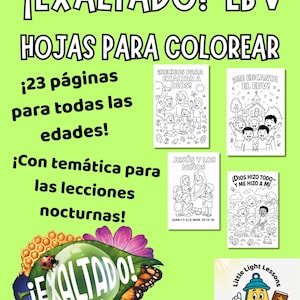 Puede incluir: Un conjunto de 23 páginas para colorear para todas las edades con el tema "¡Exaltado!" Las páginas presentan ilustraciones de niños, una iglesia y una linterna. El texto en las páginas incluye "¡Hechos para exaltar a Dios!" y "¡Me encanta el EBV!" Las páginas están diseñadas para su uso con el plan de estudios de EBV.