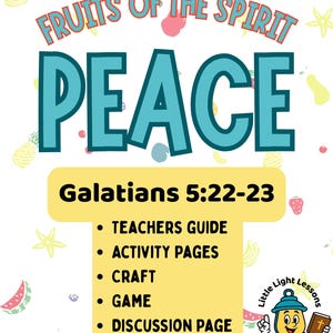 Könnte beinhalten: Eine gelbe und weiße druckbare Ressource, um Kindern die Frucht des Geistes, den Frieden, beizubringen. Der Titel "Fruits of the Spirit Peace" ist in Rot und Blau. Der Text "Galatians 5:22-23" ist in Schwarz. Die Ressource enthält einen Lehrerleitfaden, Arbeitsblätter, Bastelarbeiten, ein Spiel, eine Diskussionsseite und vieles mehr. Eine Comic-Illustration einer Laterne mit einer Bibel befindet sich in der unteren rechten Ecke.
