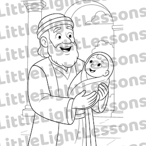 May include: A black and white illustration of Simeon holding baby Jesus. The image is from a children's book about the Bible. The text below the image reads "I have seen Your Savior! He will bring light and hope to the whole world!"