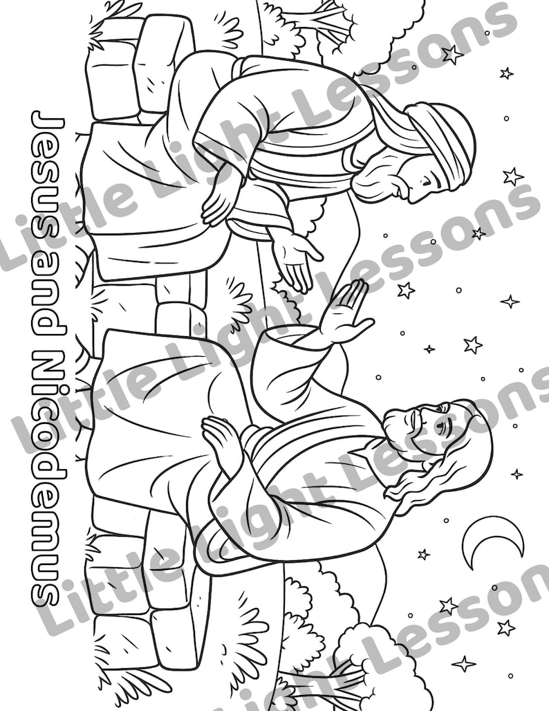 May include: Black and white line art illustration of Jesus and Nicodemus. The image depicts two figures, one above the other, with a stone wall in the background. The text "Jesus and Nicodemus" is on the left side of the image.