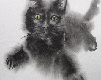 幻の子猫：水彩画による黒猫のファインアート - Etsy 日本