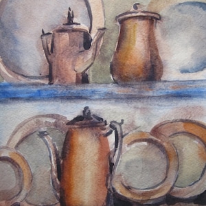 Still life with tableware Original watercolor painting Kitchen still life Dishes art
