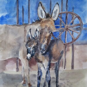 Donkeys Original watercolor painting A3 Animal art