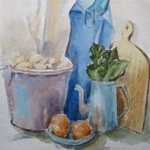 Grandma&#39;s kitchen Original watercolor painting Kitchen Dining Still life art