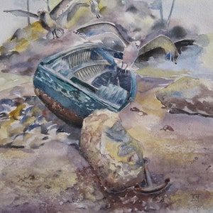 Lakeside & birds  Original watercolor painting Animal Bird Landscape Scenery art