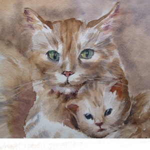 Orange cat family Original watercolor Painting Animal Bird art