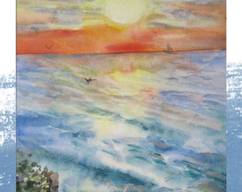 Coucher de soleil mer Aquarelle originale Peinture paysage &paysage art