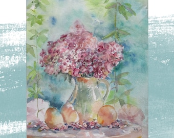 Fiori in vaso e frutti Pittura acquerello originale Piante Giardino Natura morta arte