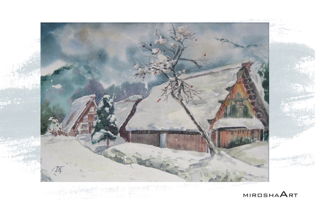 Snowy Village Original Watercolor Painting Landscapes Art - Etsy