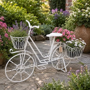 Peut inclure: Un support pour plantes en forme de bicyclette en métal blanc, doté d'un panier avant rempli de lavande violette et d'un panier arrière contenant des fleurs roses et blanches. L'objet décoratif porte une petite étiquette rectangulaire.