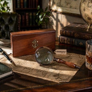 Può includere: Una scatola di legno con un'ancora in ottone, una lente d'ingrandimento e un portapenne su una mappa. La lente d'ingrandimento ha un manico in legno e una montatura in ottone. La scatola è rettangolare e ha una finitura marrone scuro. Tema nautico vintage.