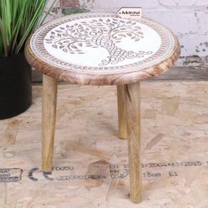 Loraya Mango Wood Stool Plant Stand Carved Tree Design