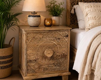 Ladha Mango Wood Carved Bedside Cabinet