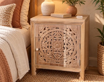 Samira Teak Wooden Bedside Cabinet Right Side Hinges