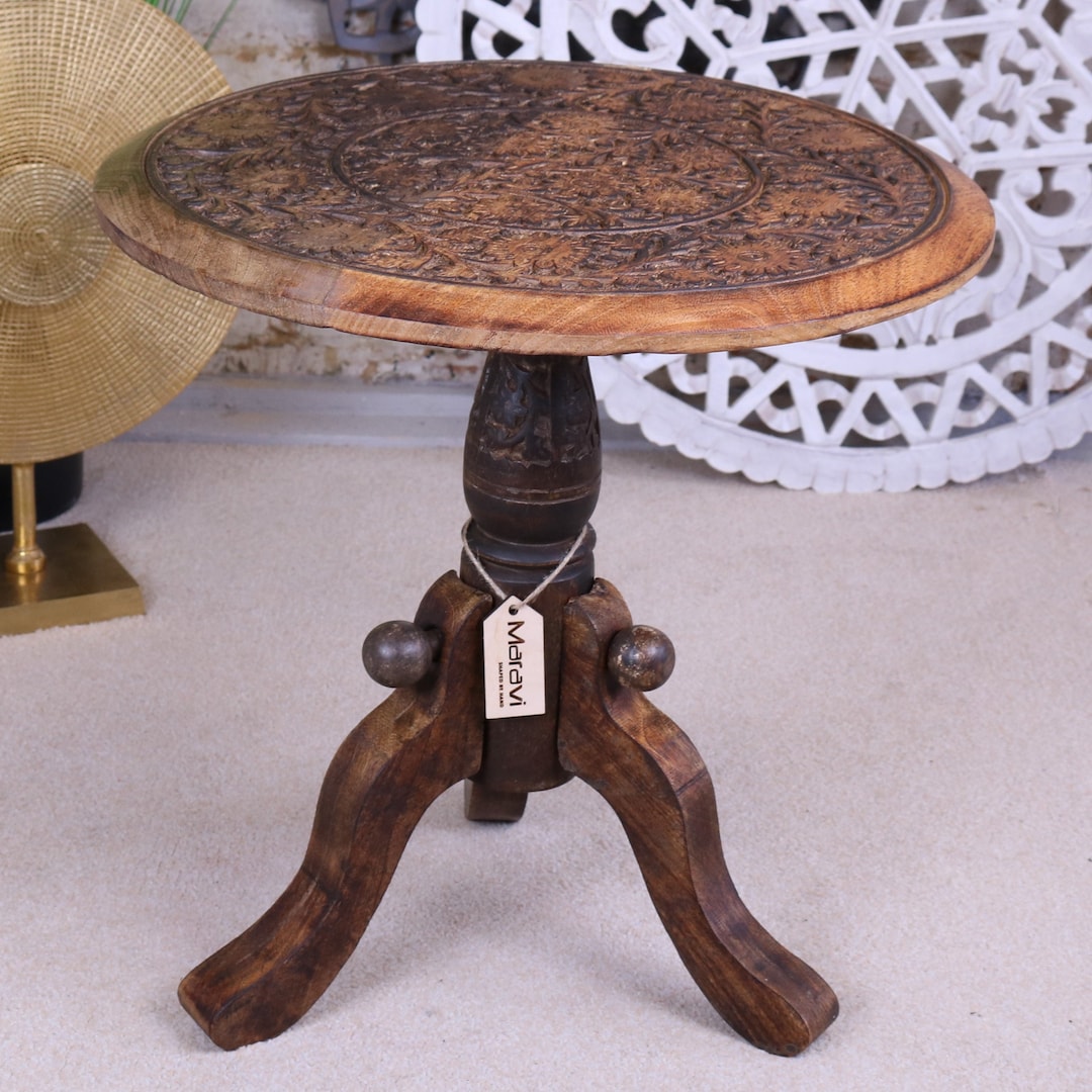 Manka Round Wooden Pedestal Side Table Etsy