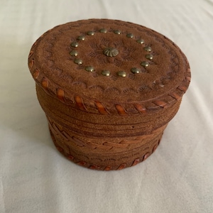 Old Leather Jewelry Box, Vintage Tooled Leather