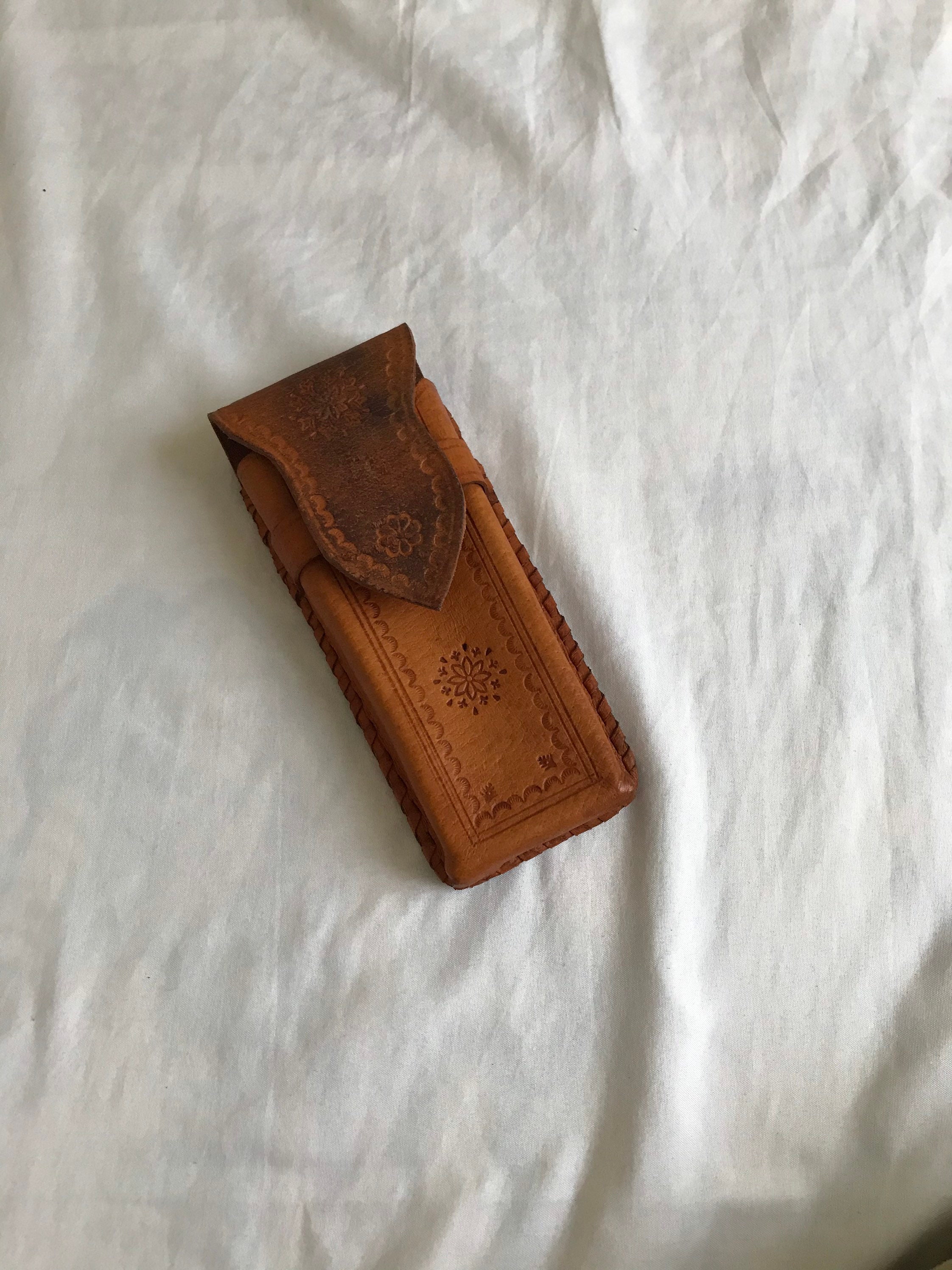 Vintage Embossed Leather Pen case& Glasses Case Leather Folk Office