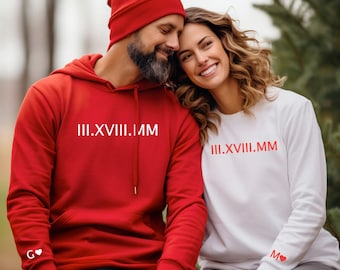 Personalized Roman Numeral Custom Sweatshirt, Date Initial Crewneck, Couples Hoodie, Anniversary Gift for Girlfriend Boyfriend, Wedding Gift