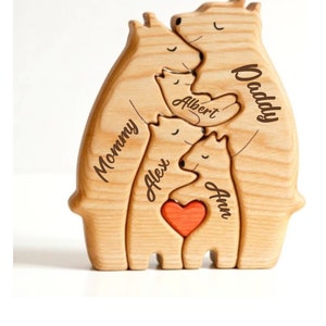 Family Personalized Wooden Bear Puzzle, Engraved Name Puzzle, Gift for Mom, Family Home Decor, Gift For Kids, Gift for Grandma, Animal Lover zdjęcie 1