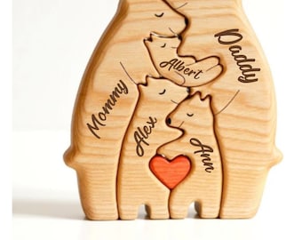 Puzzle personnalisé en bois avec un ours en bois, casse-tête avec nom gravé, cadeau pour maman, décoration d'intérieur familiale, cadeau pour enfants, cadeau pour grand-mère, amoureux des animaux