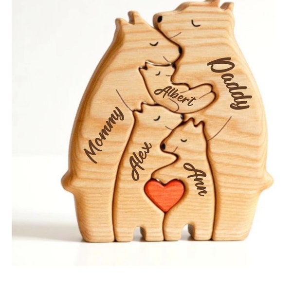 Family Personalized Wooden Bear Puzzle, Engraved Name Puzzle, Gift for Mom, Family Home Decor, Gift For Kids, Gift for Grandma, Animal Lover