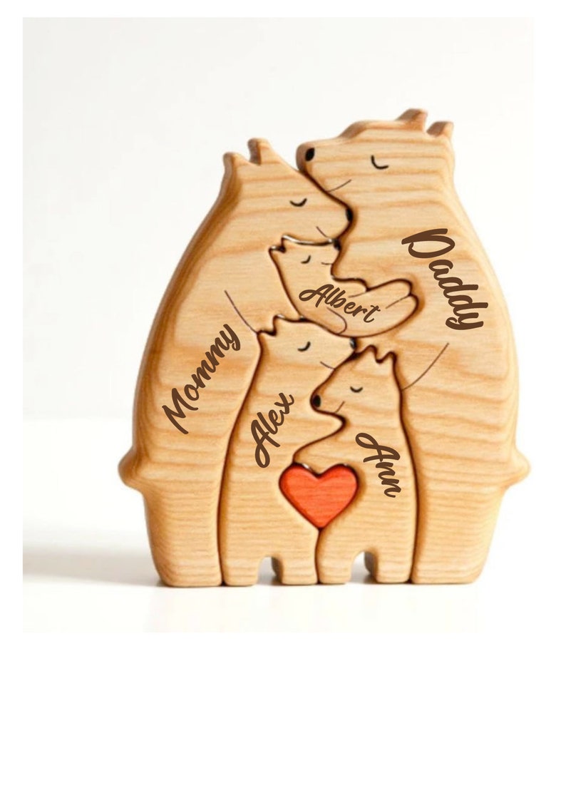 Family Personalized Wooden Bear Puzzle, Engraved Name Puzzle, Gift for Mom, Family Home Decor, Gift For Kids, Gift for Grandma, Animal Lover zdjęcie 1