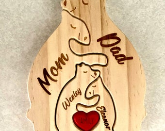 Love Family Rompecabezas de osos de madera personalizado, Rompecabezas de nombres, Regalo para mamá, Decoración del hogar familiar, Regalo para niños, Regalo para la abuela, Amante de los animales