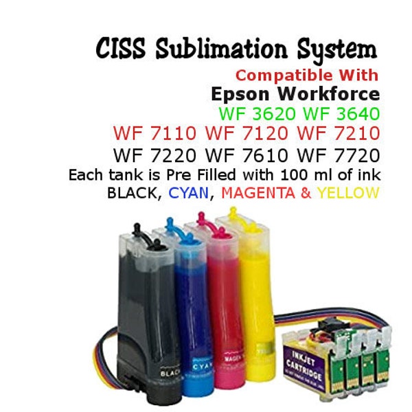 CISS Dye Sublimation Ink Conversion Kit, Epson WorkForce Wf-7210 Wf-7710 WF-7720  4 100ml bottles Sublimation ink, Do It Yourself DIY Kit