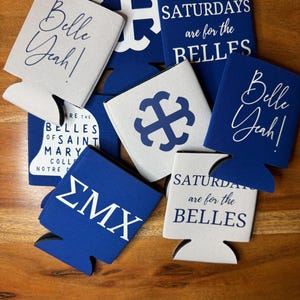 Saint Mary’s College Koozie Set of 2| SMC Belle Can Cooler | Alumnae Gift | Game Day Drink Holder | Slim or Regular Size | Blue and White