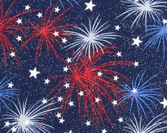 4th of July Fabric,Glitter Fabric,Blue Fabric, Star Fabric, USA Fabric, Cotton Fabric, Fabric By The Yard, Firework Fabric, Patriotic Fabric