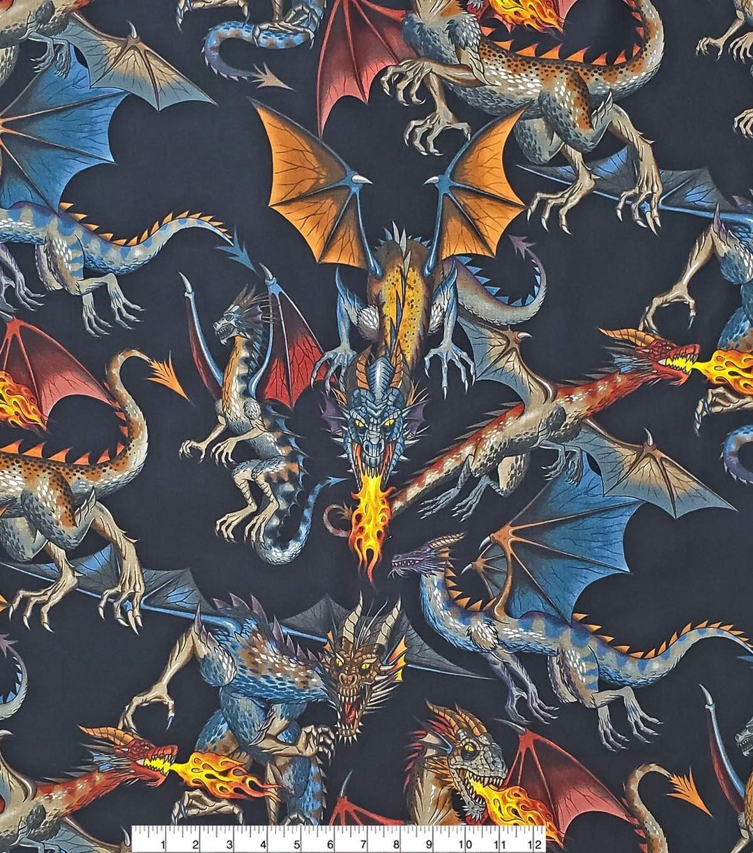 Dragon Fabric, Fabric, Cotton Cotton Fabric, Fabric by the Yard, Blue