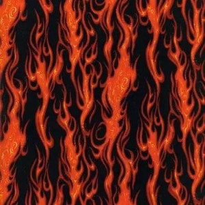May include: A seamless fabric pattern with a repeating design of orange flames on a black background.