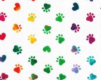 Tissu Paws & Hearts, Tissu colorful Paws and Hearts, Tissu coloré, Tissu pattes, Tissu de coeurs, Coton, Tissu, Tissu par cour