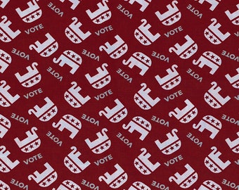 May include: Red fabric with a white repeating pattern of an elephant with stars and the word "VOTE".