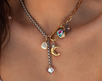 Gold Carabiner Necklace with Swarovski Crystals, Half Tone Stainless Steel Choker, Cubic Zirconia Carabiner Lock with Celestial Moon Charm