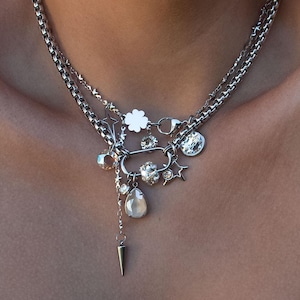 Silver Carabiner Necklace with Swarovski Crystals, Choker Necklace Set with Cream Teardrop Pendant, Multi Charm Thin Star Necklace