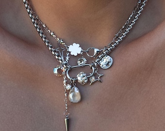 Silver Carabiner Necklace with Swarovski Crystals, Choker Necklace Set with Cream Teardrop Pendant, Multi Charm Thin Star Necklace