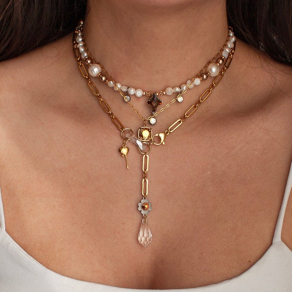 Multi Layered Gold Edelstahl Halskette Set mit Swarovski Kristallen, Perlen Choker Halskette mit Herz Anhänger und Kristall Teardrop Anhänger