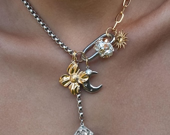 Silver Carabiner Necklace with Swarovski Crystals, Chunky Half Tone Stainless Steel Choker, Crystal Carabiner with Flower and Moon Charm