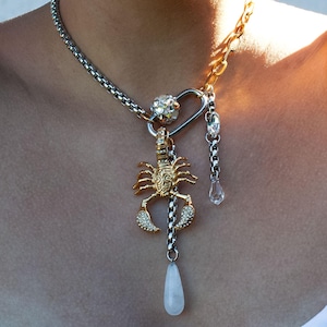 Silver Carabiner Necklace with Gold Chunky Scorpio Pendant, Mixed Metal Stainless Steel Choker, Carabiner Lock with Swarovski Crystals